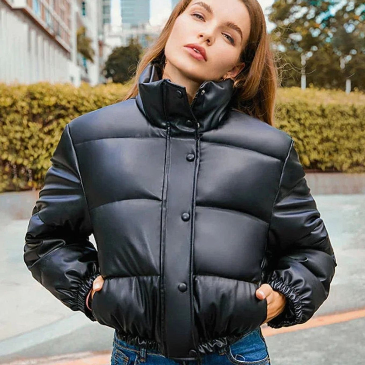 Women's Snap-Hood Shiny Quilted Faux Leather Puffer Coat