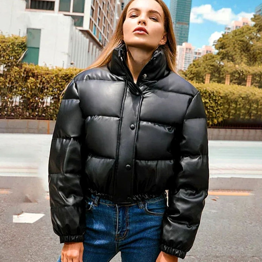 Women's Snap-Hood Shiny Quilted Faux Leather Puffer Coat