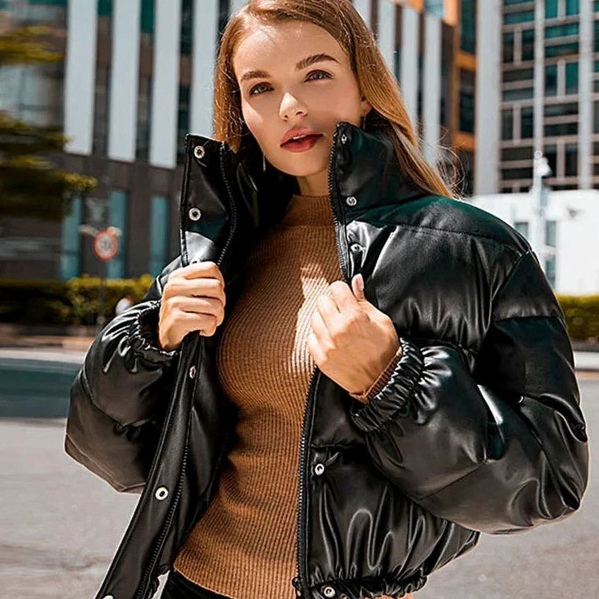 Women's Snap-Hood Shiny Quilted Faux Leather Puffer Coat