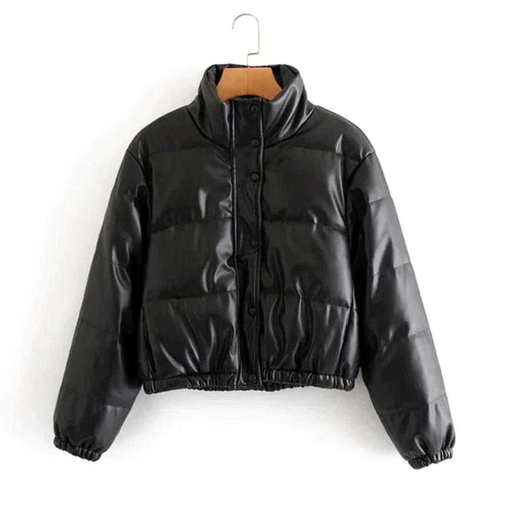 Women's Snap-Hood Shiny Quilted Faux Leather Puffer Coat