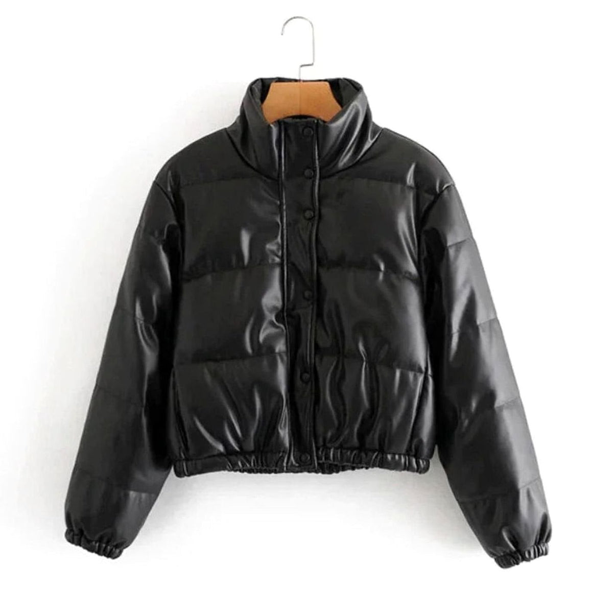 Women's Snap-Hood Shiny Quilted Faux Leather Puffer Coat