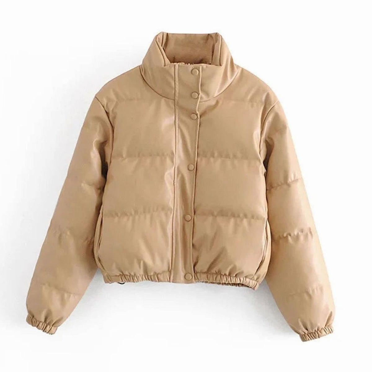 Women's Snap-Hood Shiny Quilted Faux Leather Puffer Coat