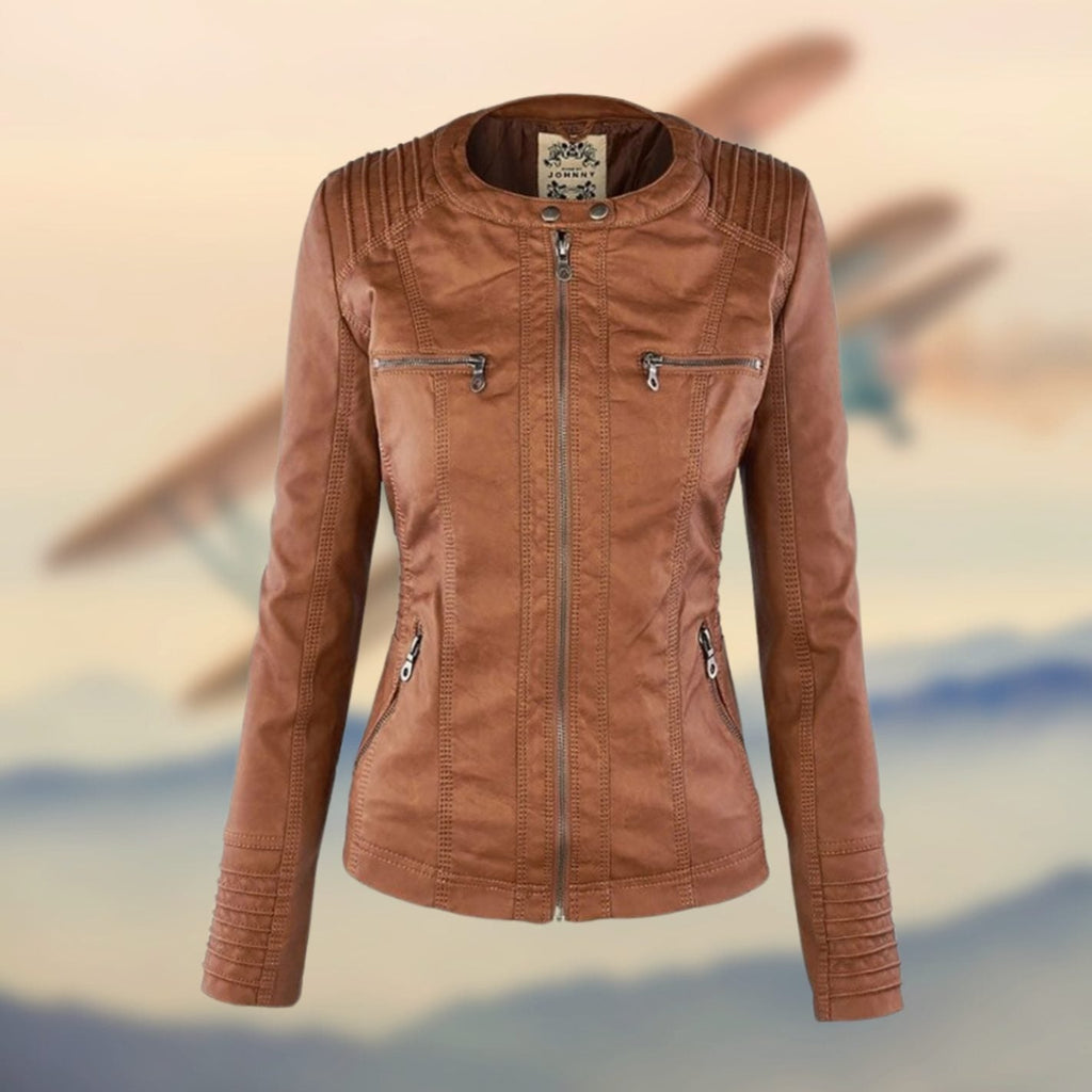 Women's Four Zip Pocket Faux Leather Jacket with Ribbed Panels - Gold