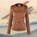 Women's Four Zip Pocket Faux Leather Jacket with Ribbed Panels - Gold