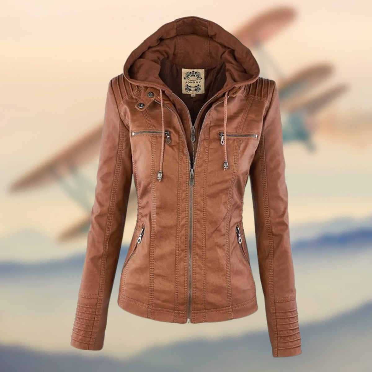 Women's Four Zip Pocket Faux Leather Jacket with Ribbed Panels