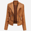 Women's Quilted Shoulder Faux Leather Jacket With Grommet Detail - Camel