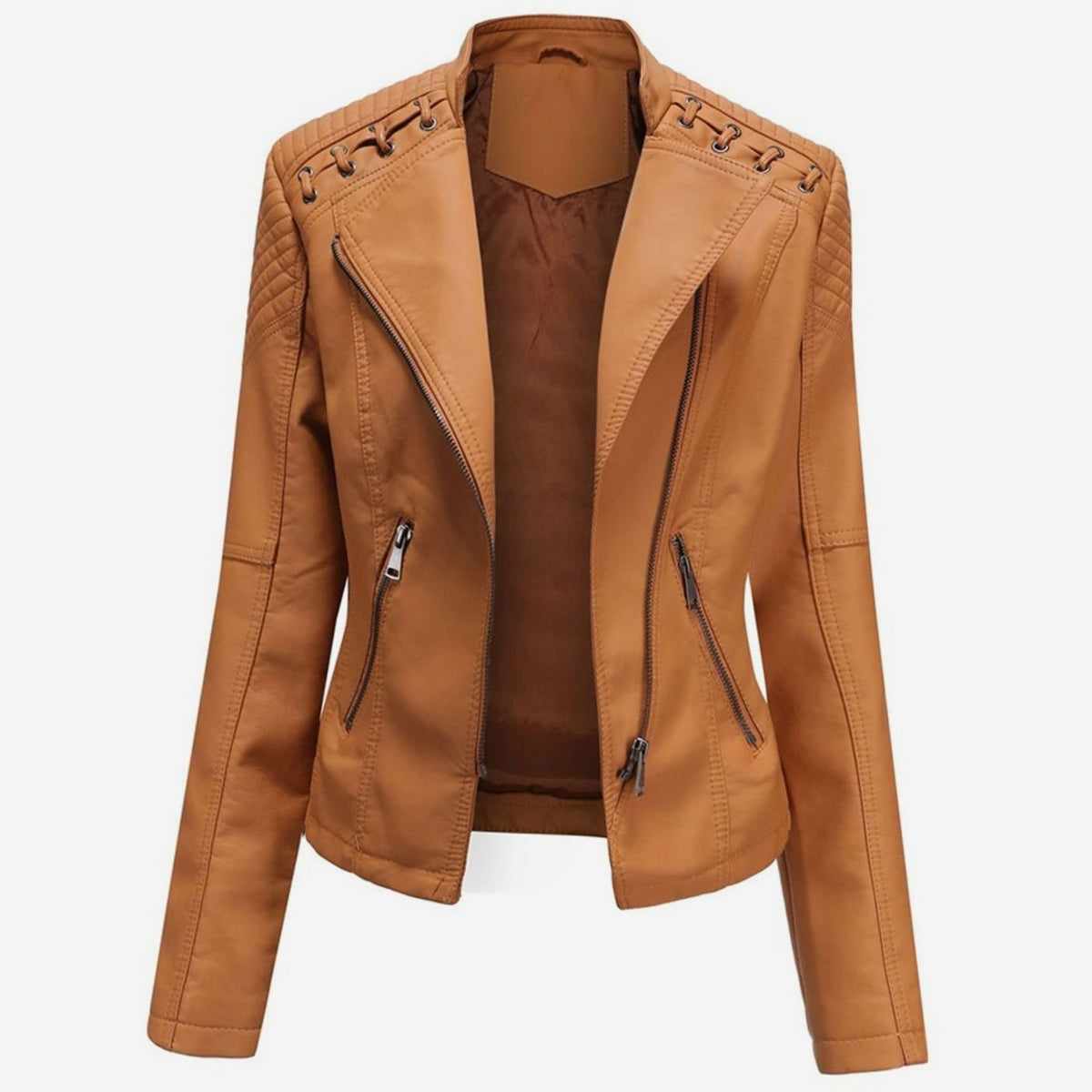 Women's Quilted Shoulder Faux Leather Jacket With Grommet Detail - Camel