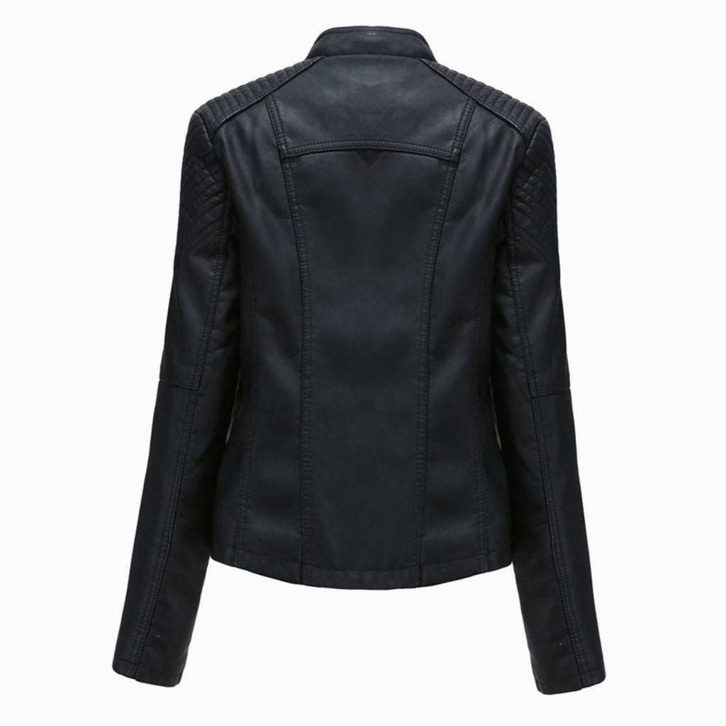 Women's Quilted Shoulder Faux Leather Jacket With Grommet Detail
