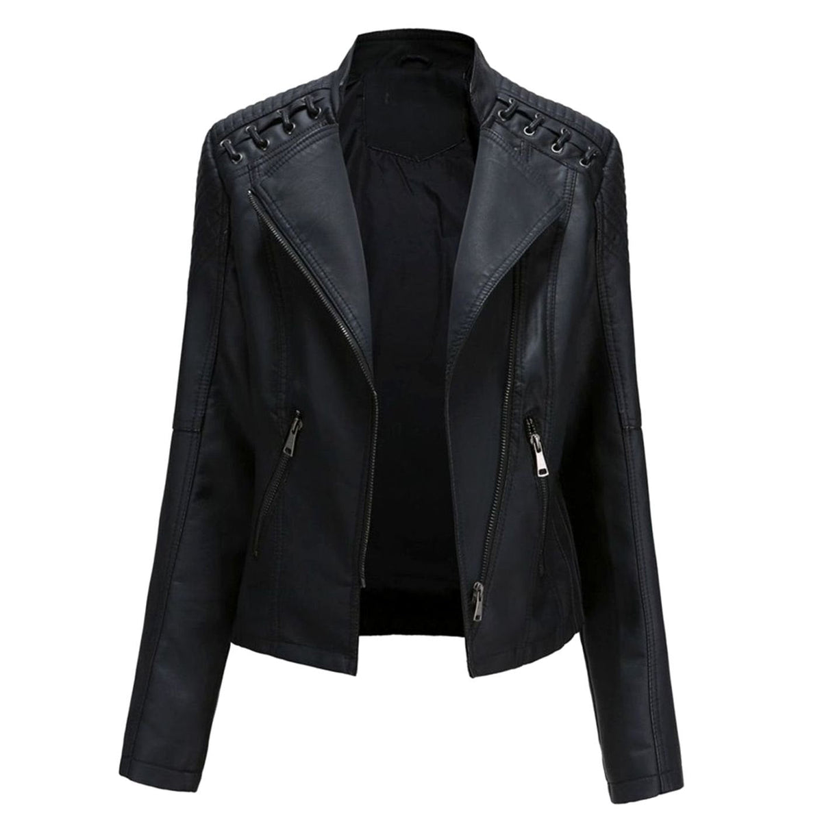 Women's Quilted Shoulder Faux Leather Jacket With Grommet Detail - Black