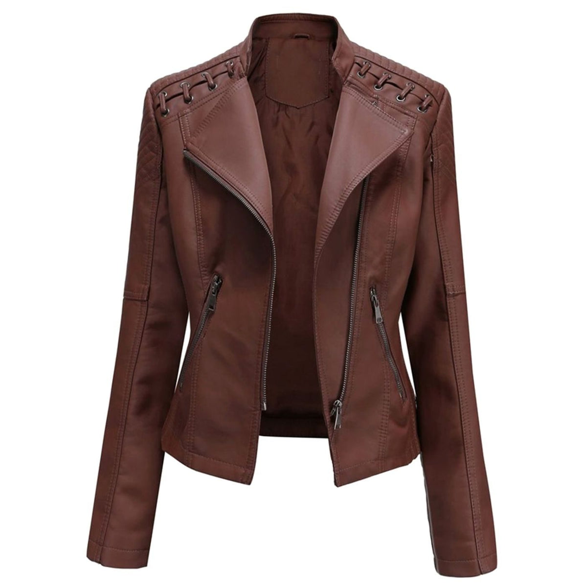 Women's Quilted Shoulder Faux Leather Jacket With Grommet Detail - Coffee