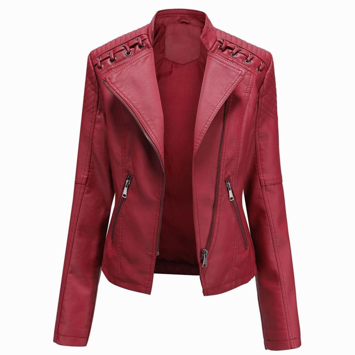 Women's Quilted Shoulder Faux Leather Jacket With Grommet Detail - Burgundy