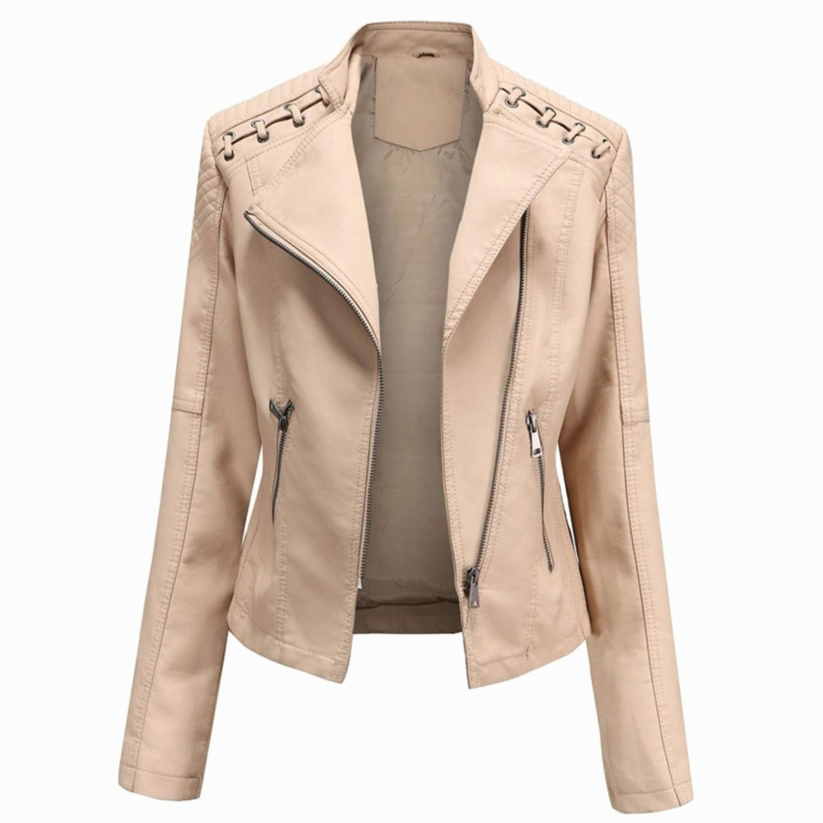 Women's Quilted Shoulder Faux Leather Jacket With Grommet Detail - Khaki