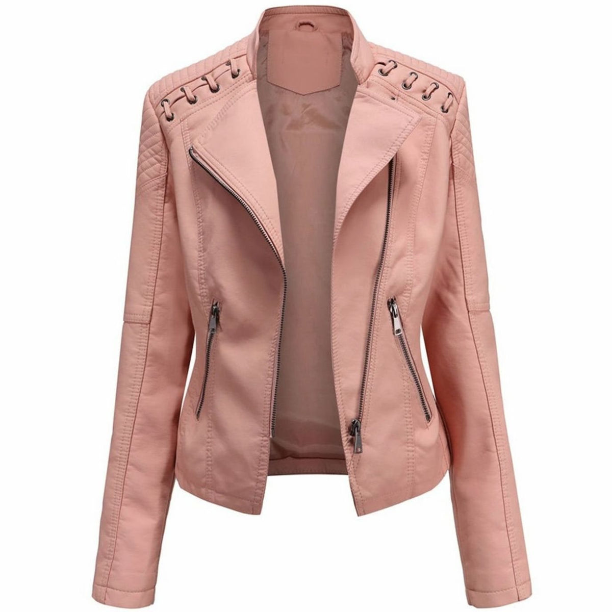 Women's Quilted Shoulder Faux Leather Jacket With Grommet Detail - Pink