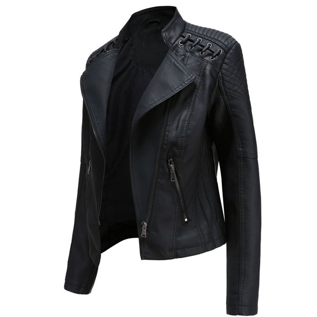 Women's Quilted Shoulder Faux Leather Jacket With Grommet Detail