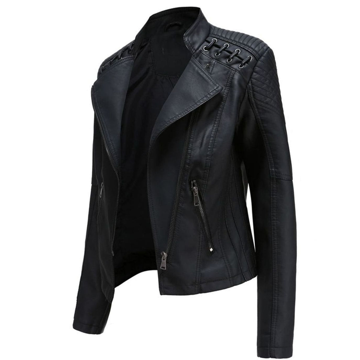 Women's Quilted Shoulder Faux Leather Jacket With Grommet Detail
