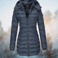 Women's Cinched-Waist Long Quilted Puffer with Hood - Navy