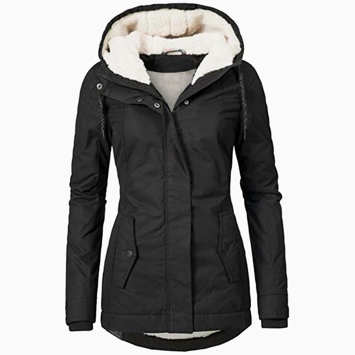 Women's Sherpa Fleece Parka With Adjustable Hood and Curved Hem - Black