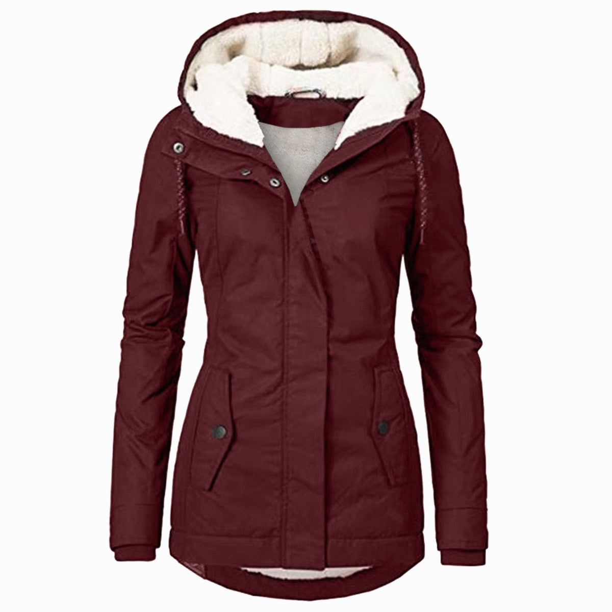 Women's Sherpa Fleece Parka With Adjustable Hood and Curved Hem - Burgundy
