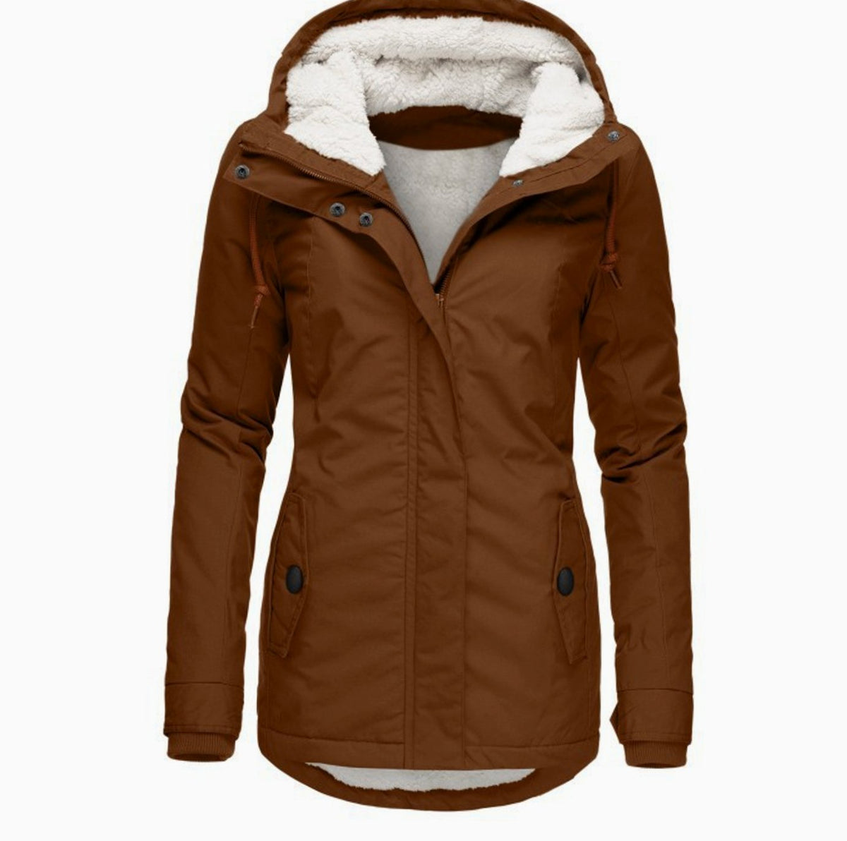 Women's Sherpa Fleece Parka With Adjustable Hood and Curved Hem - Brown