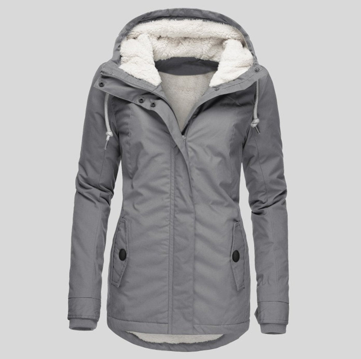 Women's Sherpa Fleece Parka With Adjustable Hood and Curved Hem - Grey
