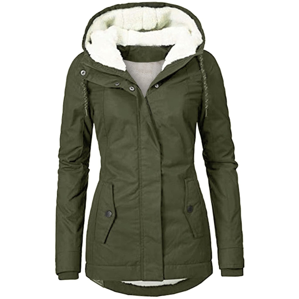 Women's Sherpa Fleece Parka With Adjustable Hood and Curved Hem - Army Green