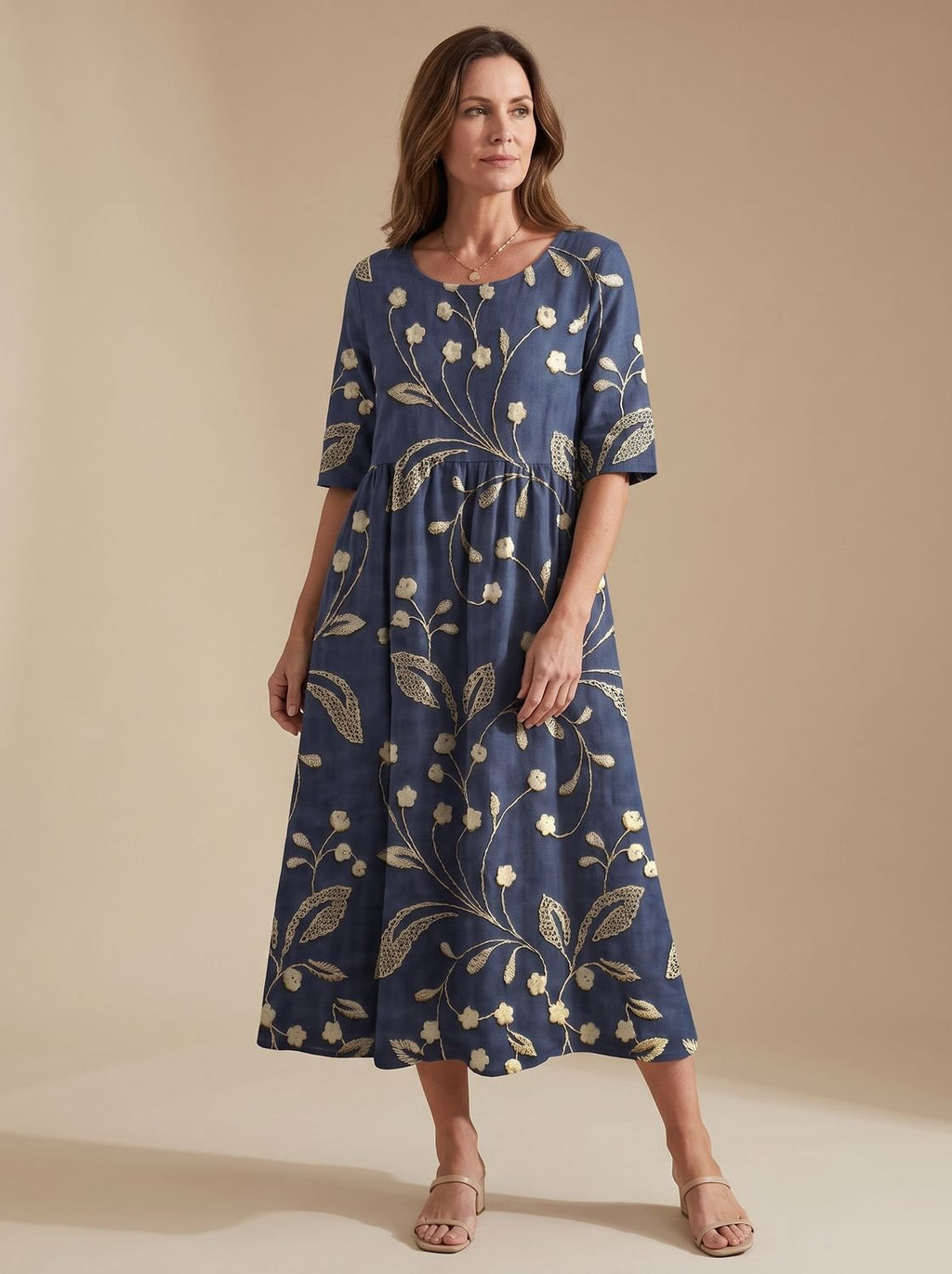 Women's Floral Embroidered Relaxed-Fit Occasion Dress