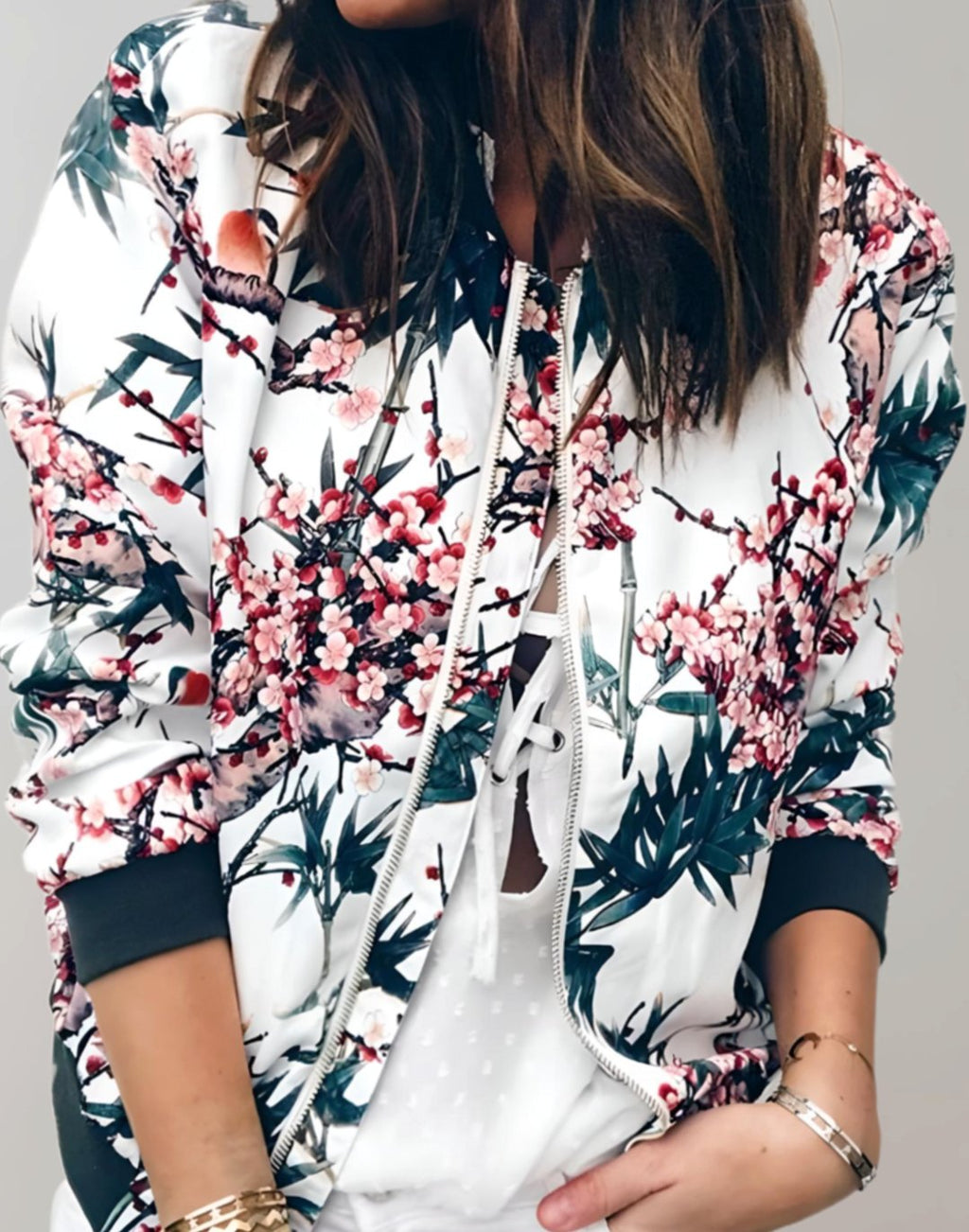 Women's Floral Blossom Print Bomber With Contrast Ribbed Cuffs - White