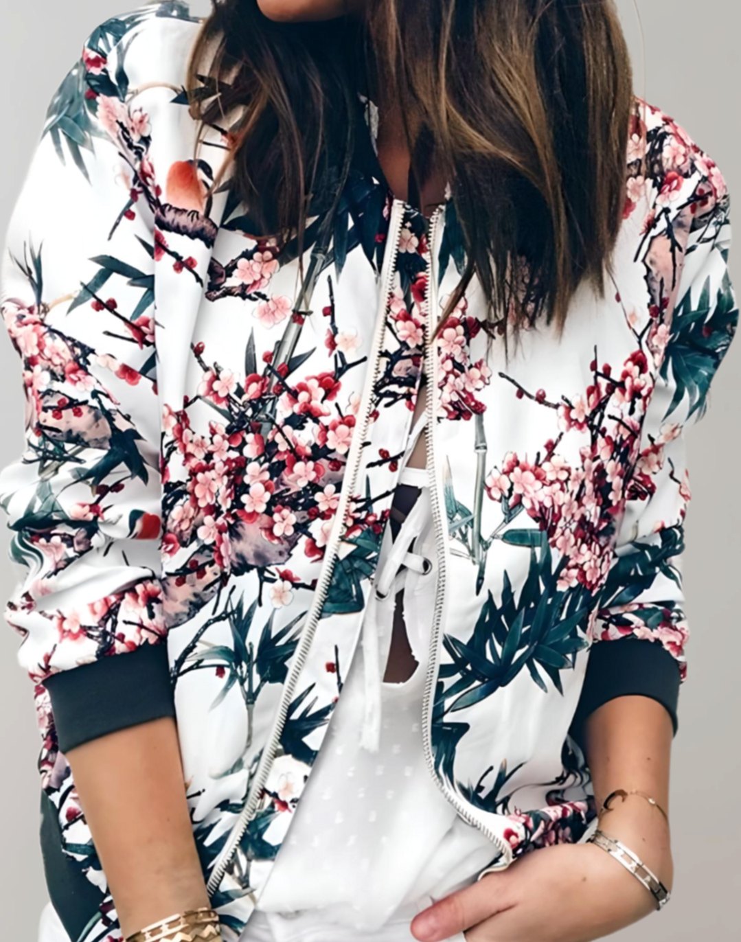 Women's Floral Blossom Print Bomber With Contrast Ribbed Cuffs - White