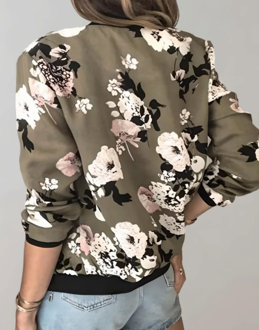 Women's Floral Blossom Print Bomber With Contrast Ribbed Cuffs
