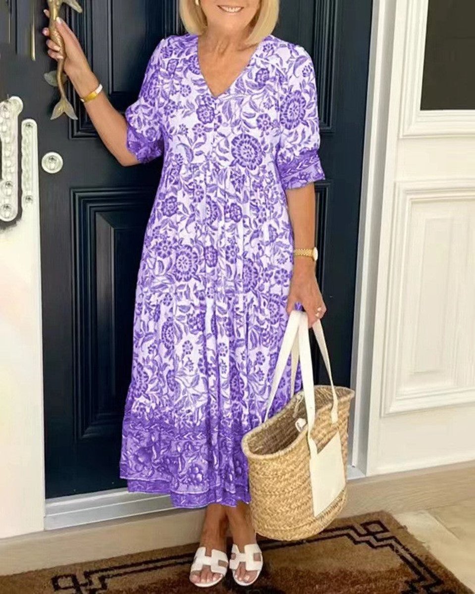 Women's Floral V-Neck Tiered Midi Elegant Dress