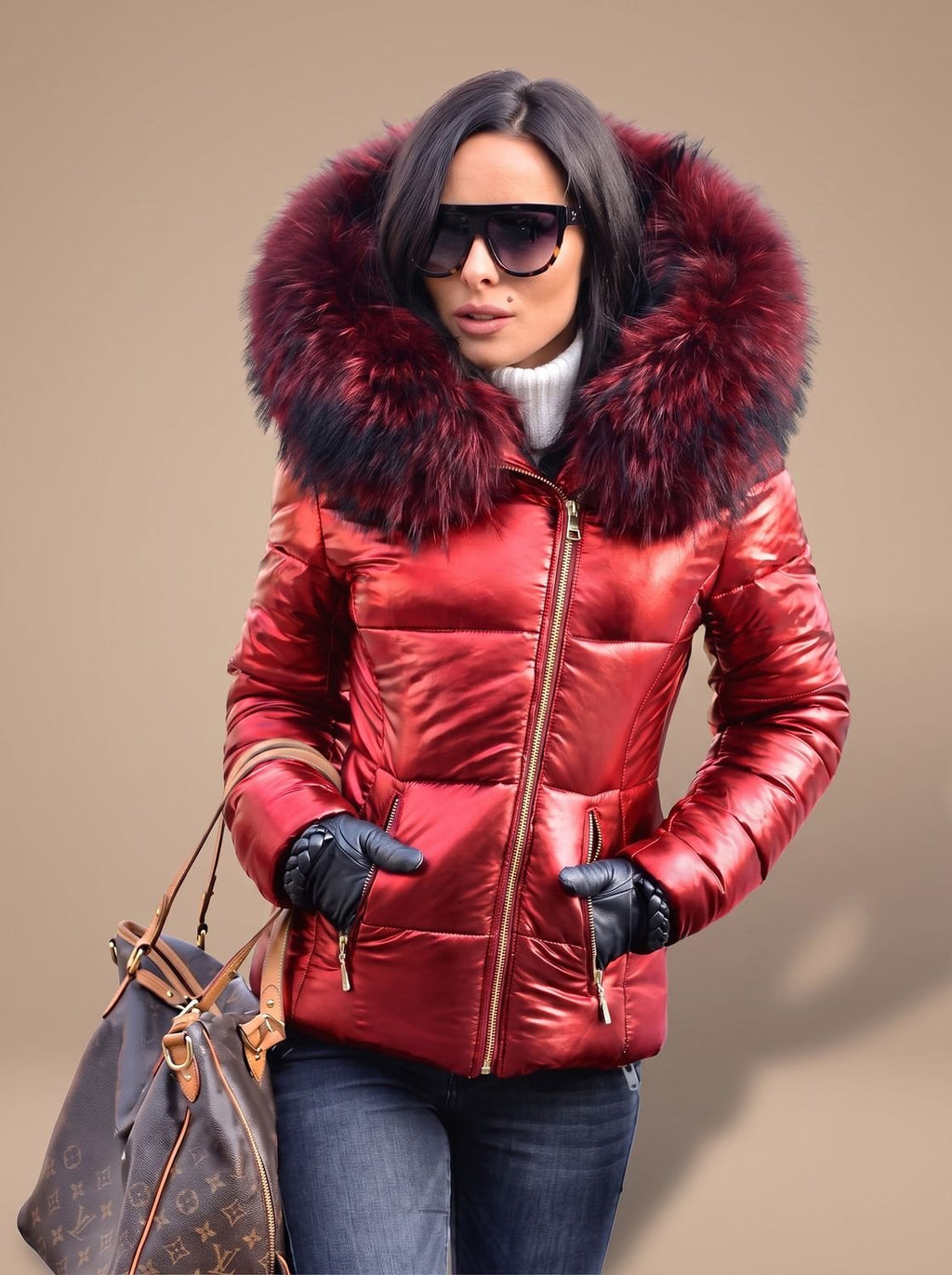 Women's Fur Hood Puffer Coat Fitted Zip-Front Quilted Jacket