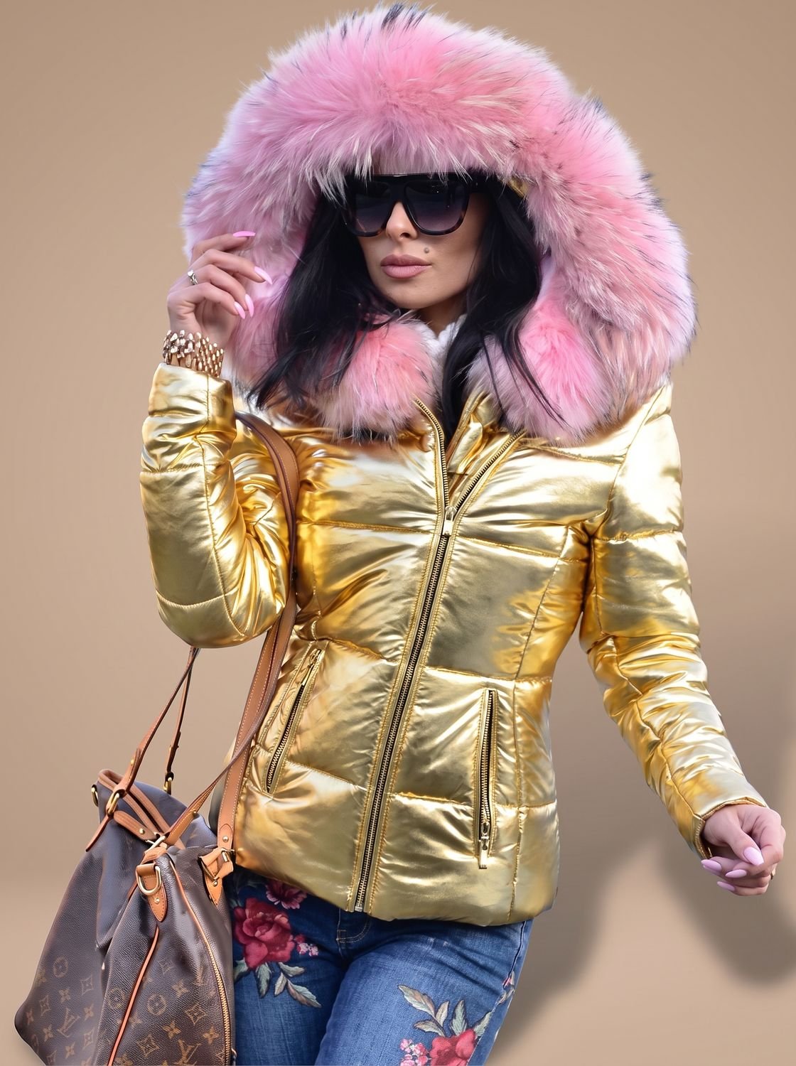 Women's Fur Hood Puffer Coat Fitted Zip-Front Quilted Jacket