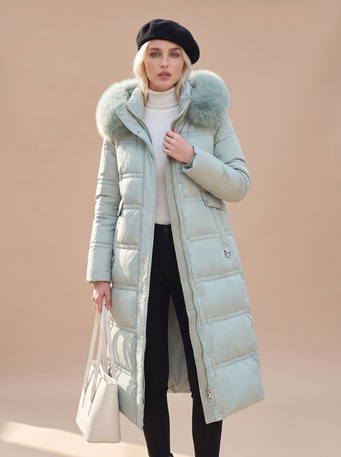 Women's Fur-Hood Quilted Long Puffer Coat