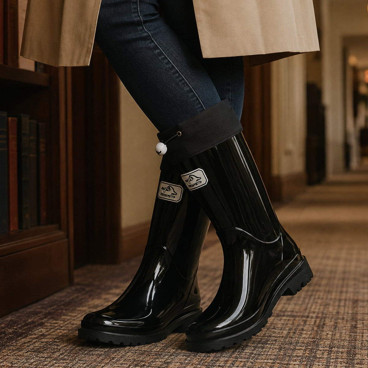 Women's Tall Glossy Wellington Boots with Tie Cuff - Black