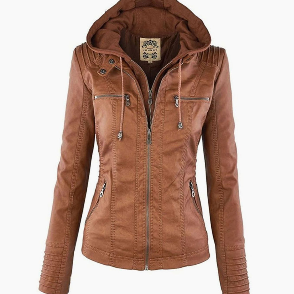 Women's Zip Pocket Faux Leather Hooded Motorcycle Jacket - Khaki