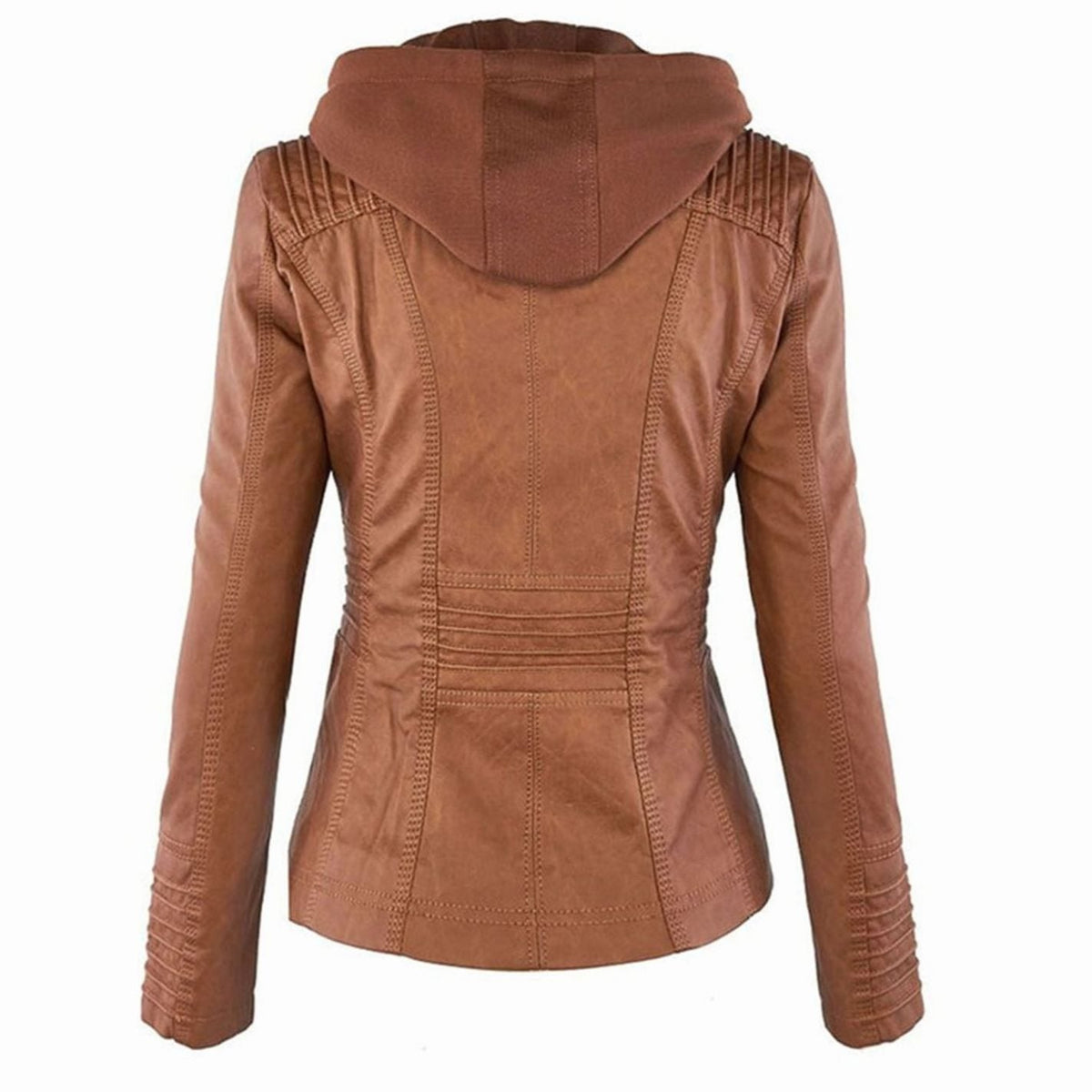 Women's Zip Pocket Faux Leather Hooded Motorcycle Jacket