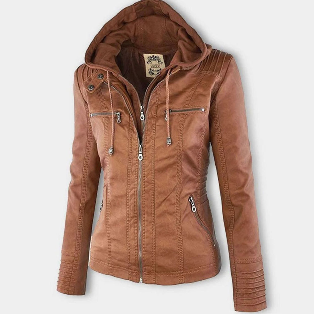 Women's Zip Pocket Faux Leather Hooded Motorcycle Jacket