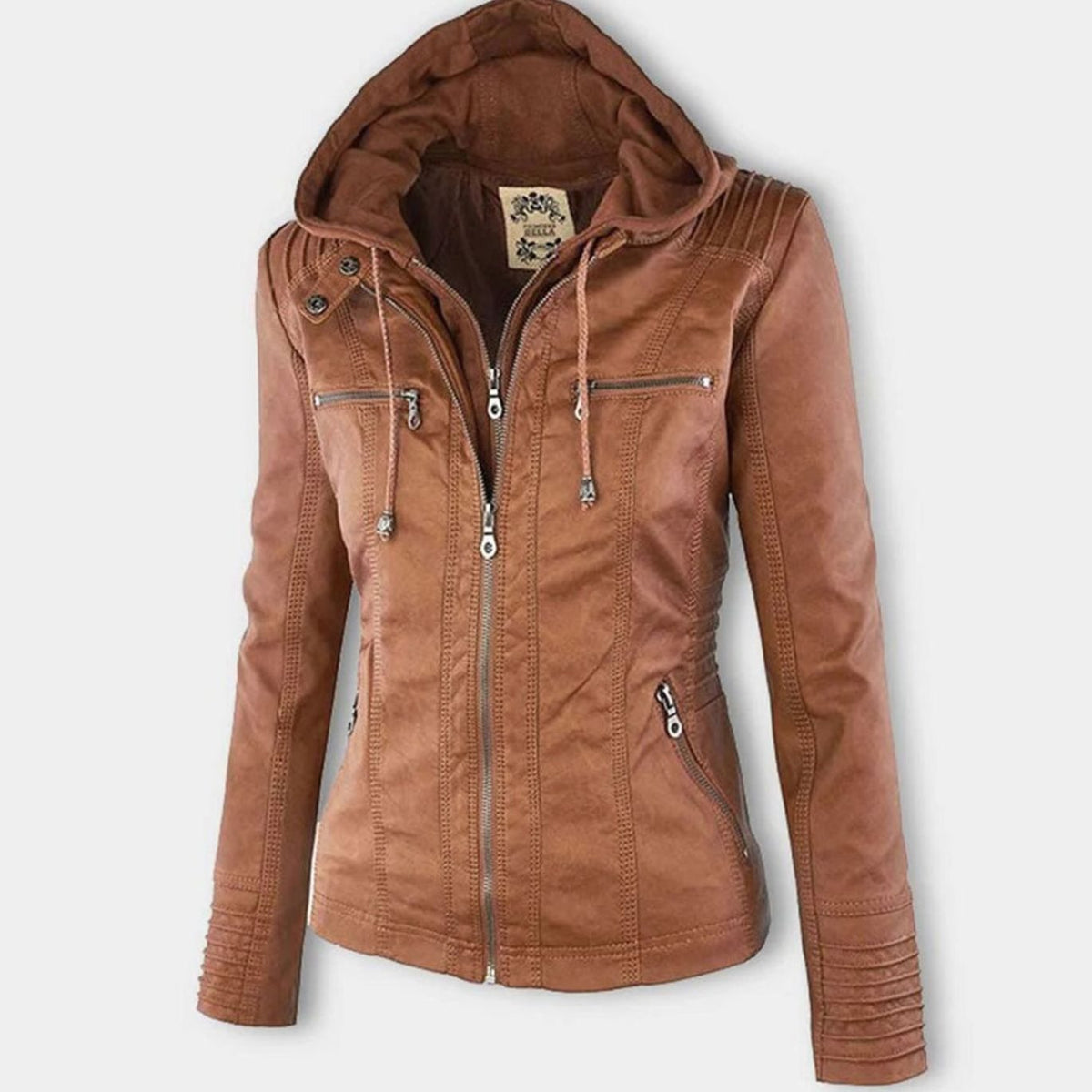 Women's Zip Pocket Faux Leather Hooded Motorcycle Jacket