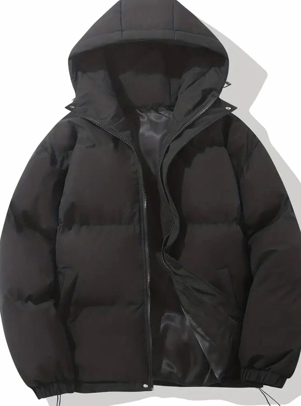 Women's Relaxed Channel Puffer Coat With Attached Hood - Black