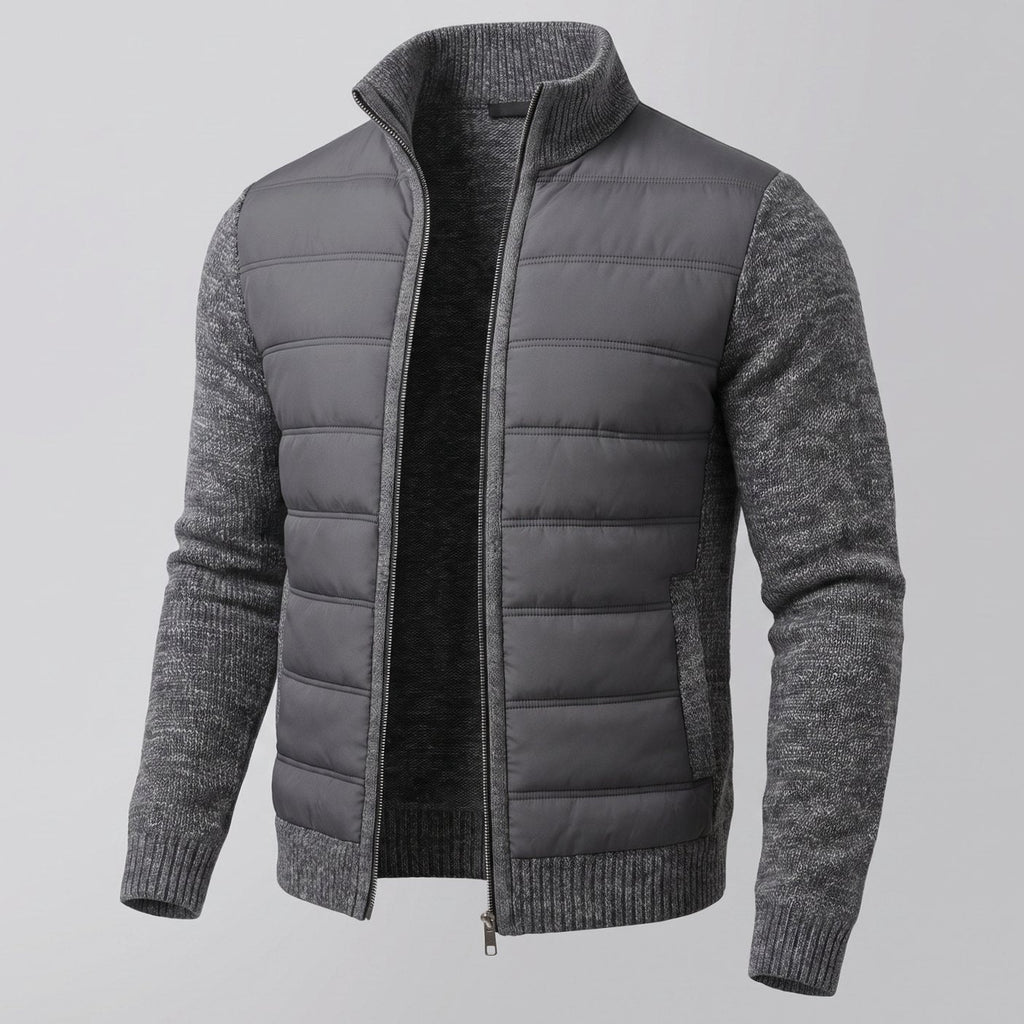 Women's Padded Body Zip-Through Jacket with Ribbed Sleeves - Dark Grey