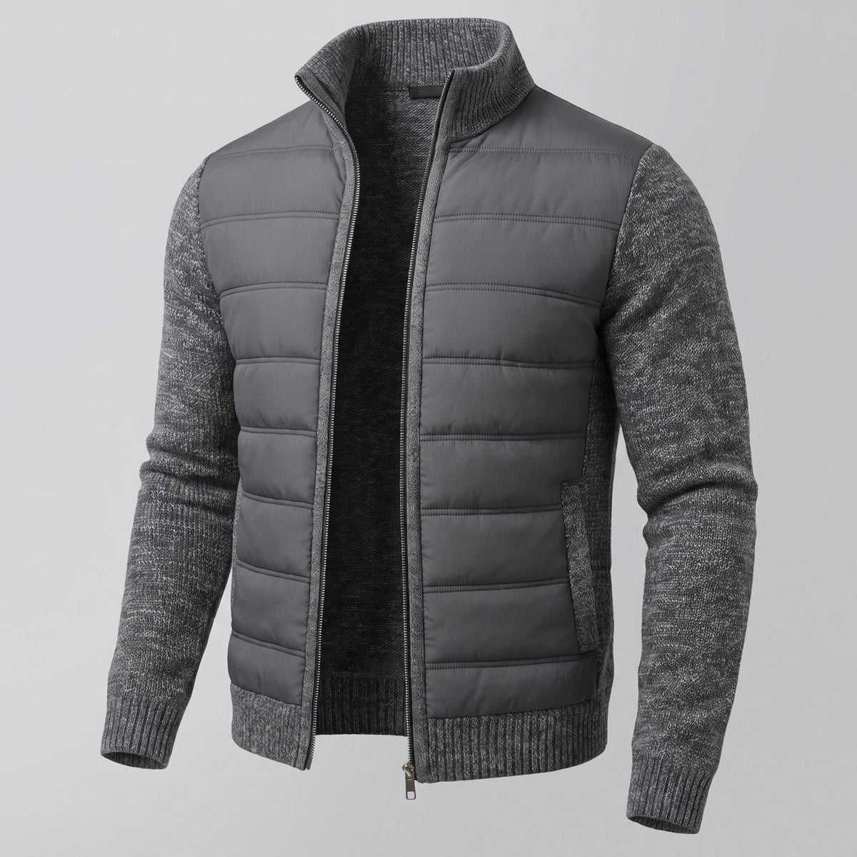 Women's Padded Body Zip-Through Jacket with Ribbed Sleeves - Dark Grey