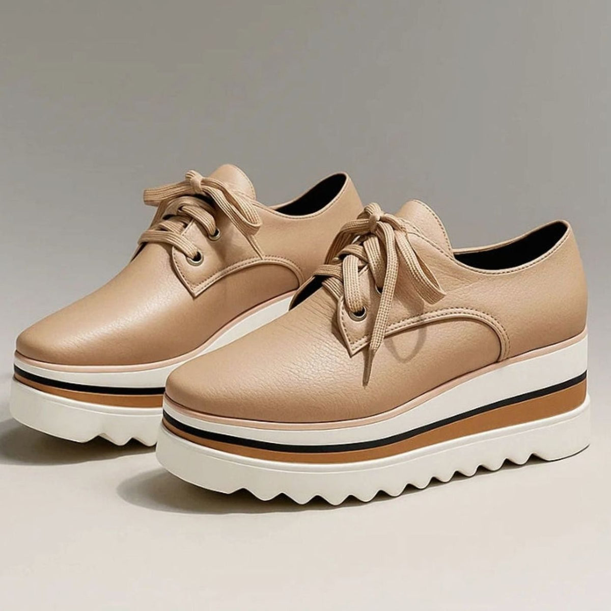 Women's Chunky Sole Square Toe Lace-Up Oxford Shoes - Beige