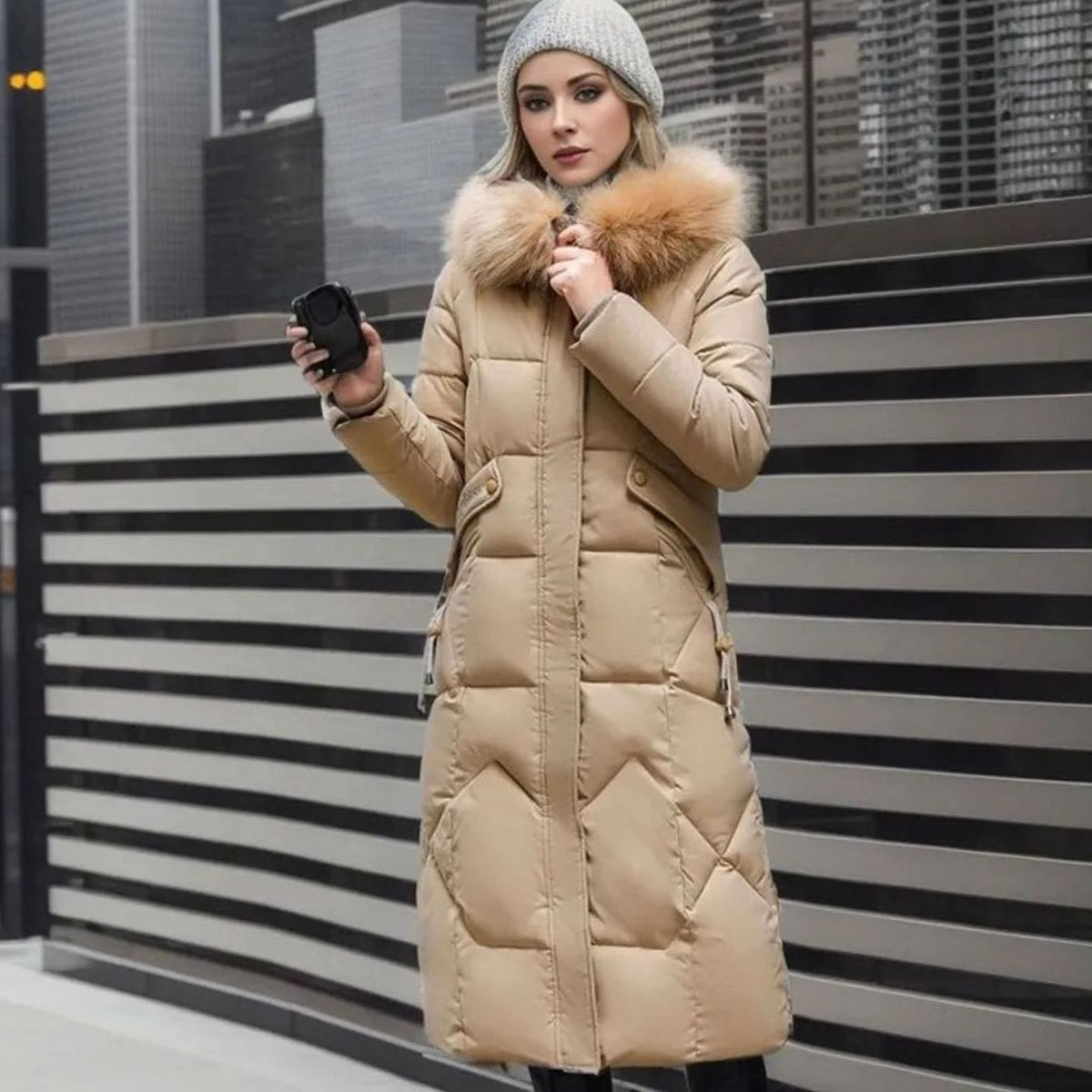 Women's Long Hooded Faux Fur Trim Quilted Coat