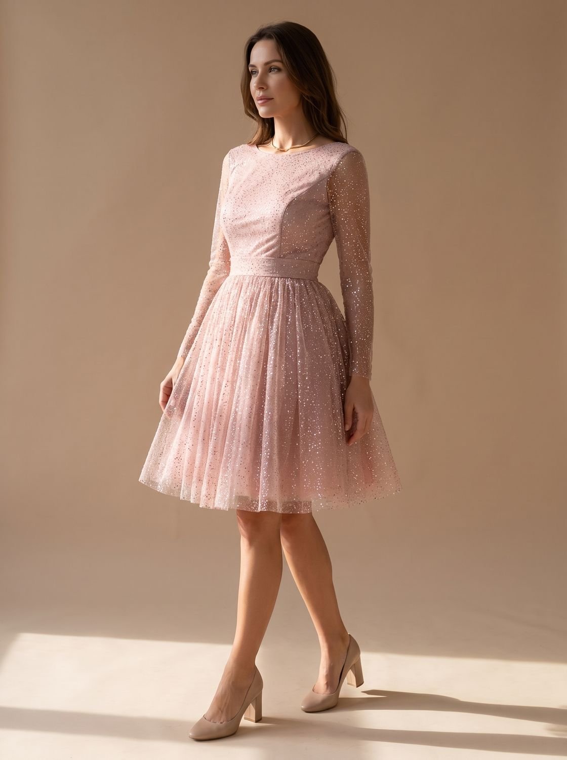 Women's Long-Sleeve Glitter Tulle A-Line Occasion Dress