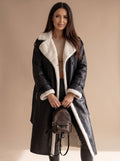 Women's Teddy Fleece Lined Faux Leather Wrap Coat - Black