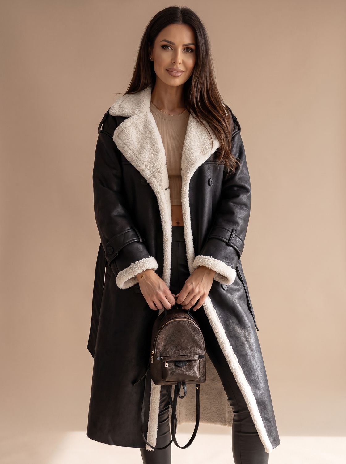 Women's Teddy Fleece Lined Faux Leather Wrap Coat - Black