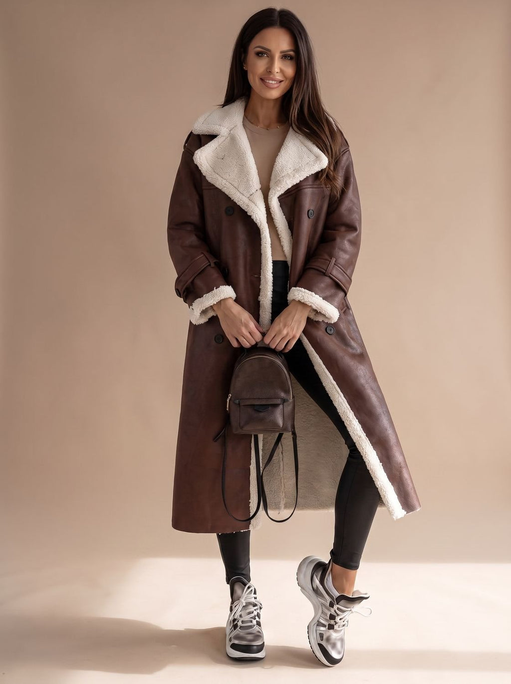 Women's Teddy Fleece Lined Faux Leather Wrap Coat