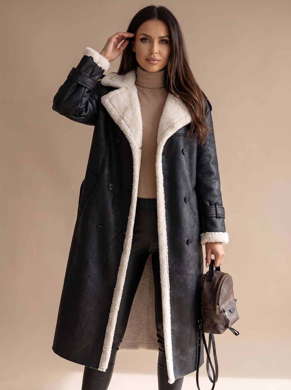 Women's Teddy Fleece Lined Faux Leather Wrap Coat