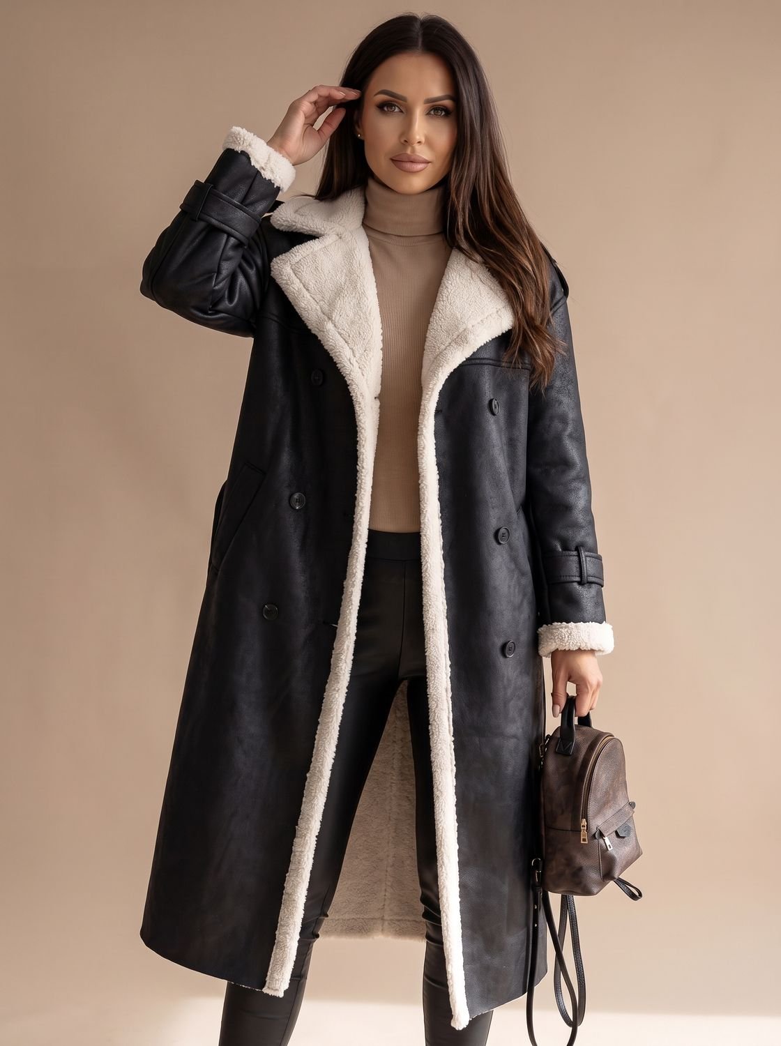 Women's Teddy Fleece Lined Faux Leather Wrap Coat