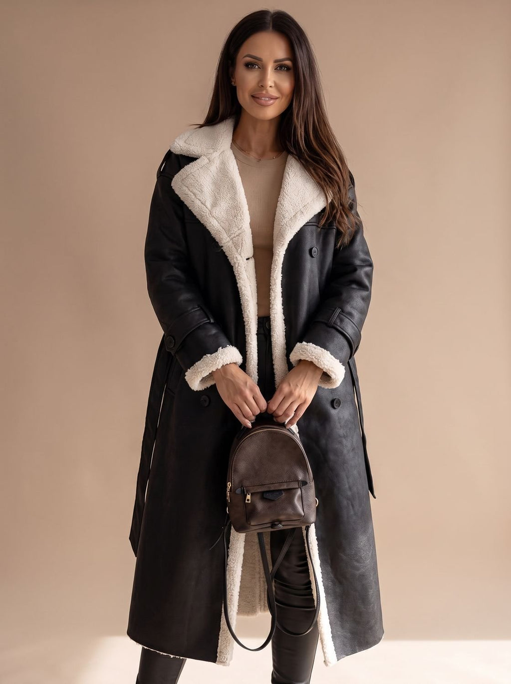 Women's Teddy Fleece Lined Faux Leather Wrap Coat